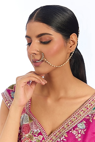 Gold Finish Kundan Polki & Pearl Nath by Auraa Trends