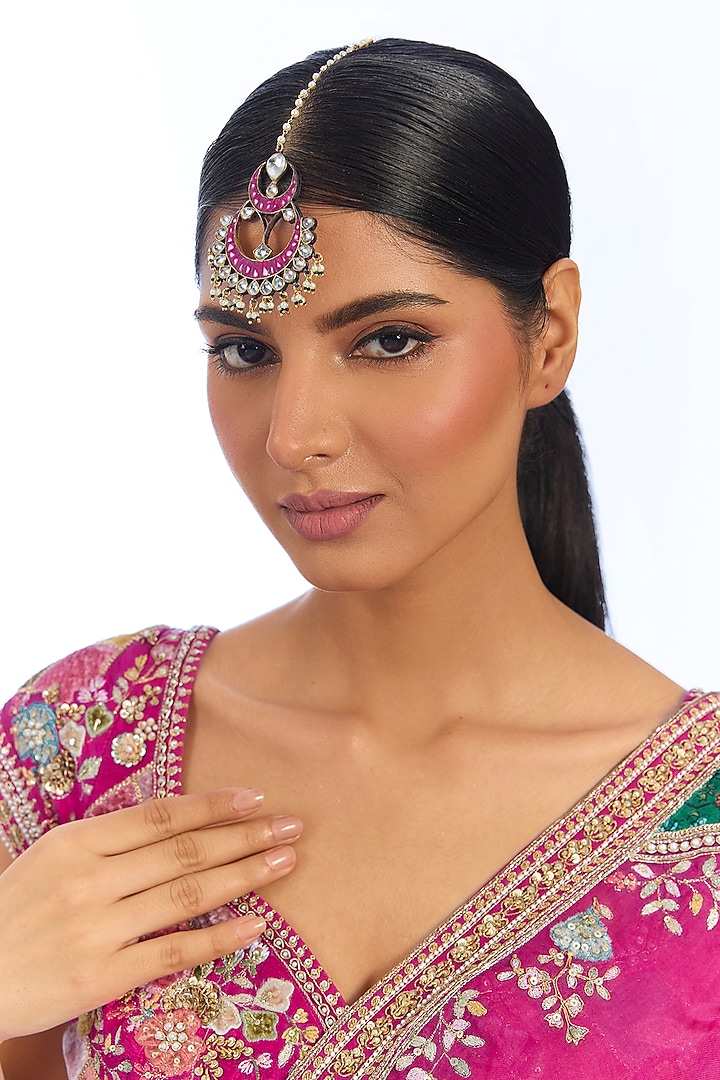 Gold Finish Pink Kundan Polki Maangtikka by Aura Trends at Pernia's Pop Up Shop