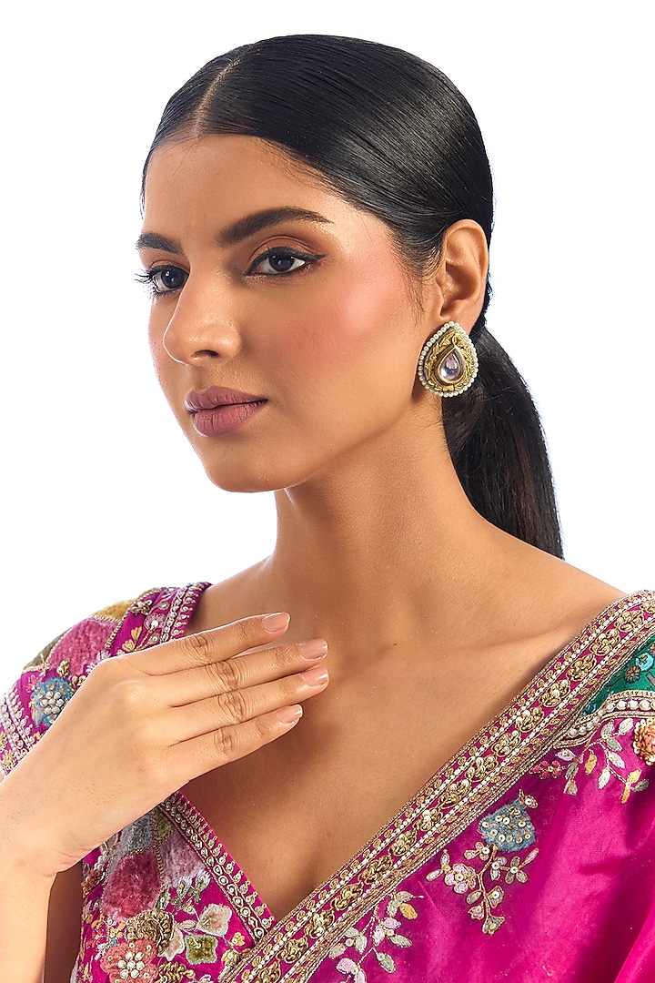 Gold Finish Kundan Polki & Pearl Stud Earrings by Auraa Trends at Pernia's Pop Up Shop