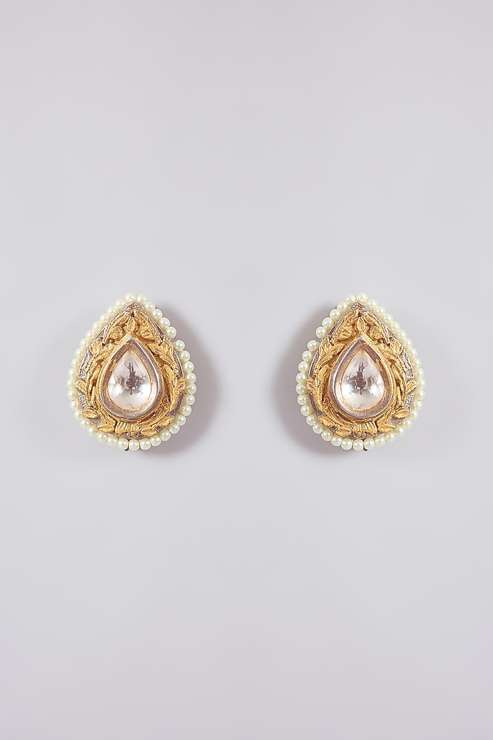 Gold Finish Kundan Polki & Pearl Stud Earrings by Aura Trends at Pernia's Pop Up Shop