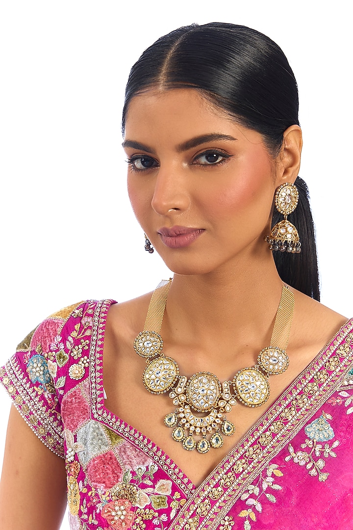 Gold Finish Kundan Polki Necklace Set by Aura Trends at Pernia's Pop Up Shop