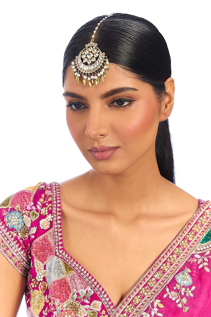 Gold Finish Kundan Polki & Pearl Maangtikka by Auraa Trends at Pernia's Pop Up Shop