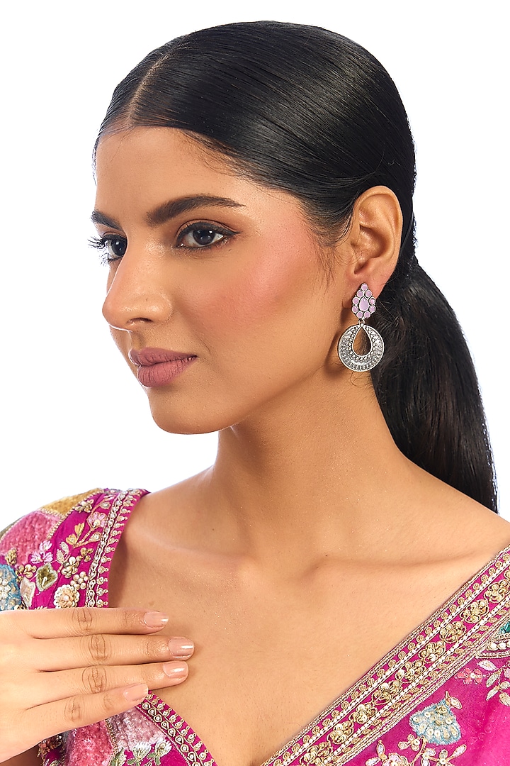 Gold Finish Crystal & Pink Stone Drop Earrings by Auraa Trends at Pernia's Pop Up Shop