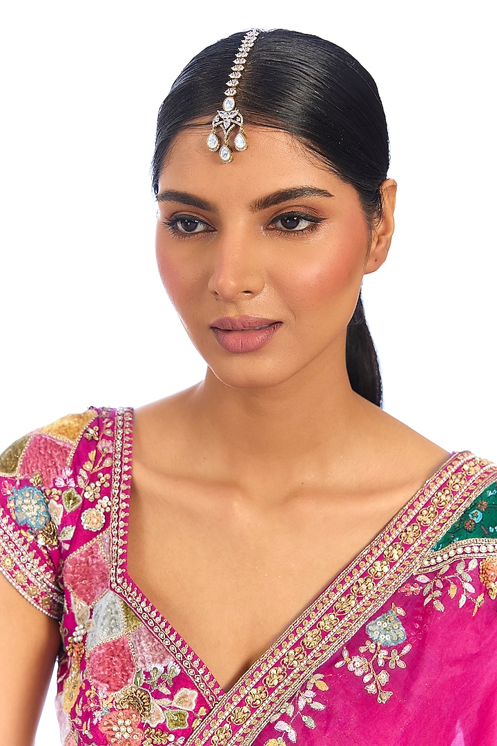 Gold Finish Kundan Polki & Pink Stone Maangtikka by Aura Trends at Pernia's Pop Up Shop