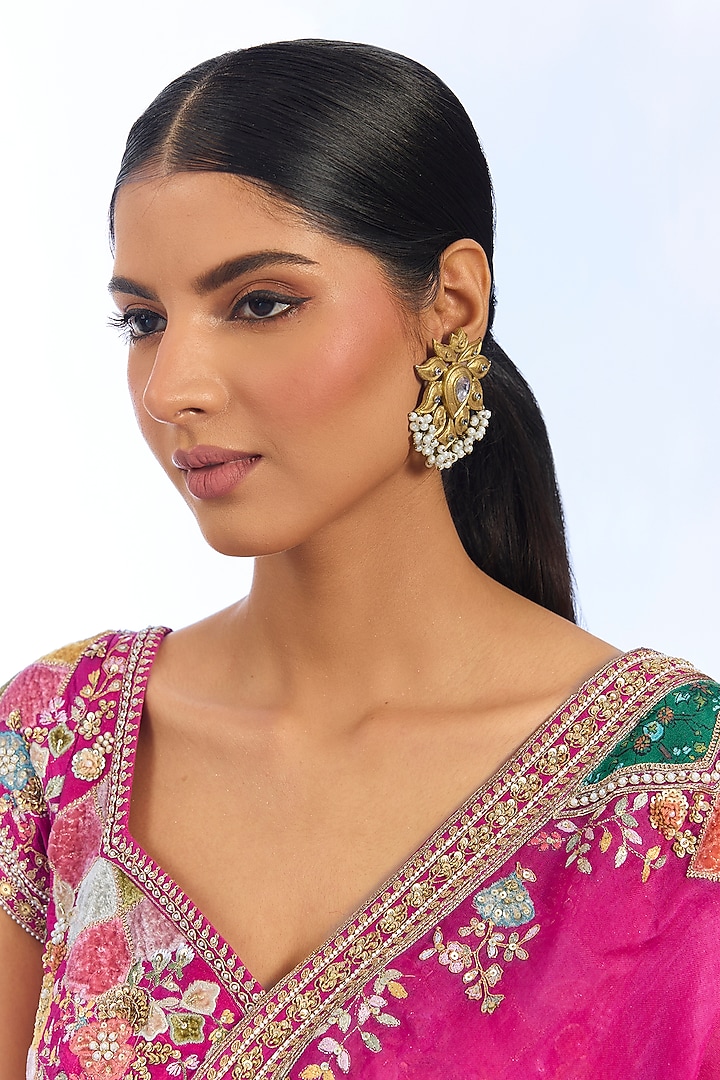 Gold Finish Kundan Polki & Pearl Stud Earrings by Aura Trends at Pernia's Pop Up Shop