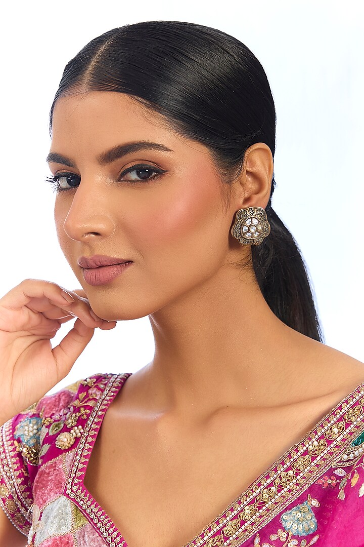 Gold Finish Kundan Polki & Pink Stone Stud Earrings by Aura Trends at Pernia's Pop Up Shop