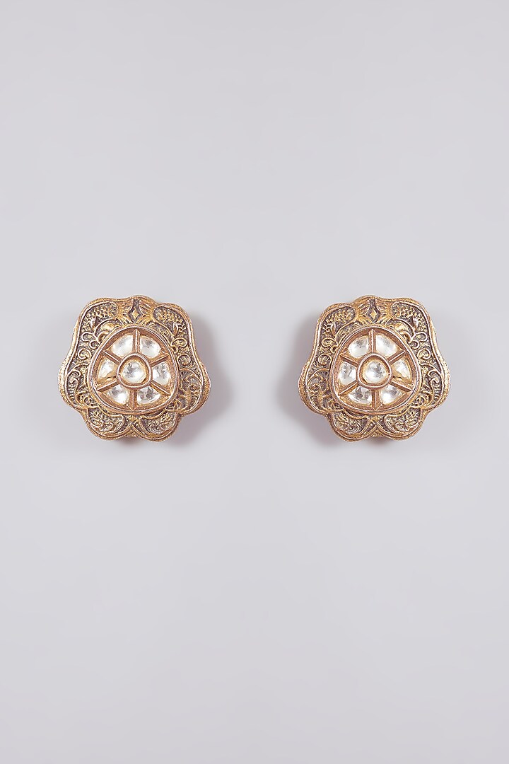 Gold Finish Kundan Polki & Pink Stone Stud Earrings by Aura Trends at Pernia's Pop Up Shop