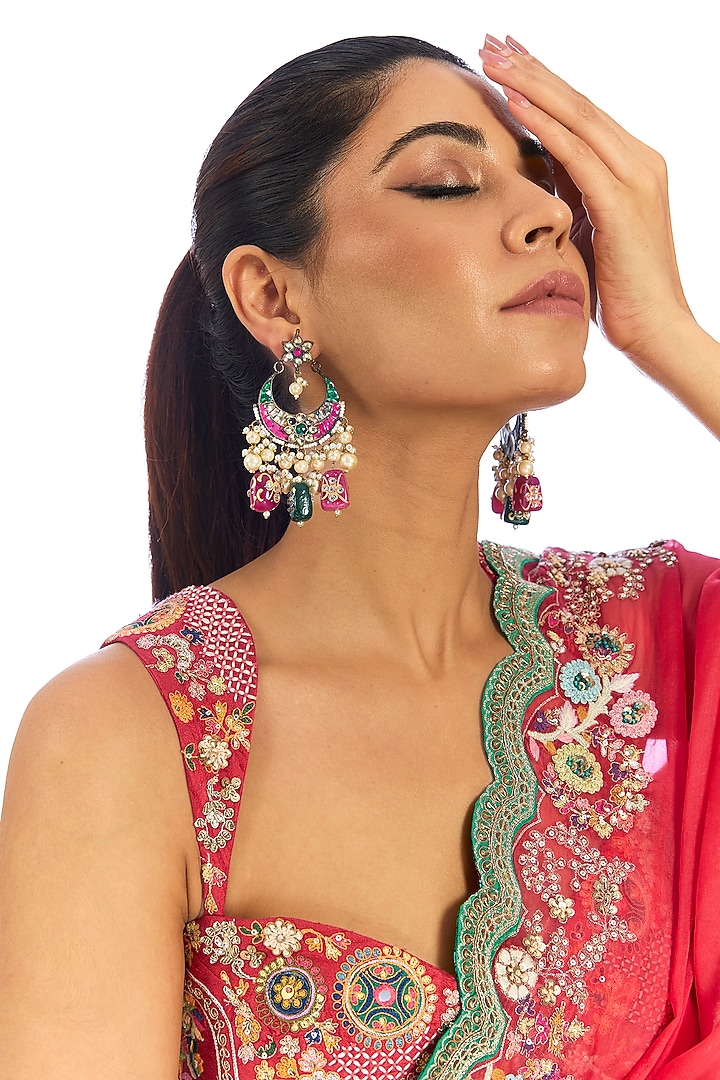 Gold Finish Multi-Colored Kundan Polki & Pearl Chandbali Earrings by Aura Trends at Pernia's Pop Up Shop
