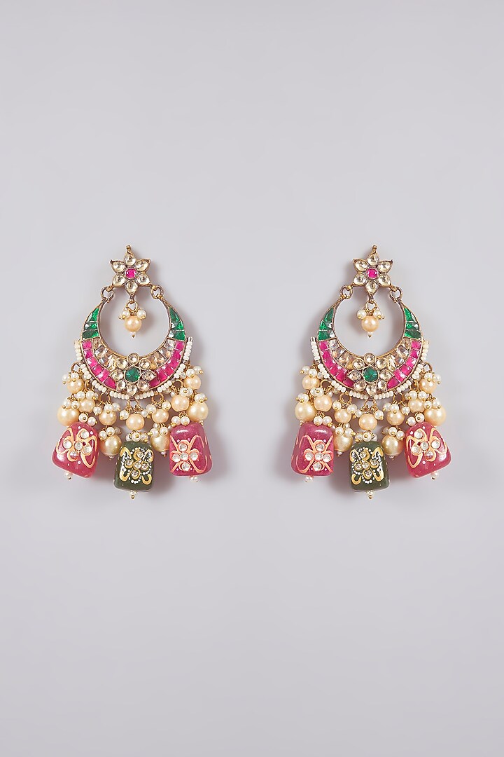 Gold Finish Multi-Colored Kundan Polki & Pearl Chandbali Earrings by Aura Trends at Pernia's Pop Up Shop