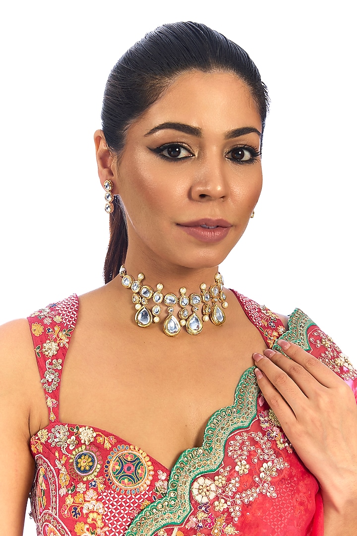 Gold Finish Kundan Polki & Crystal Choker Necklace Set by Aura Trends at Pernia's Pop Up Shop