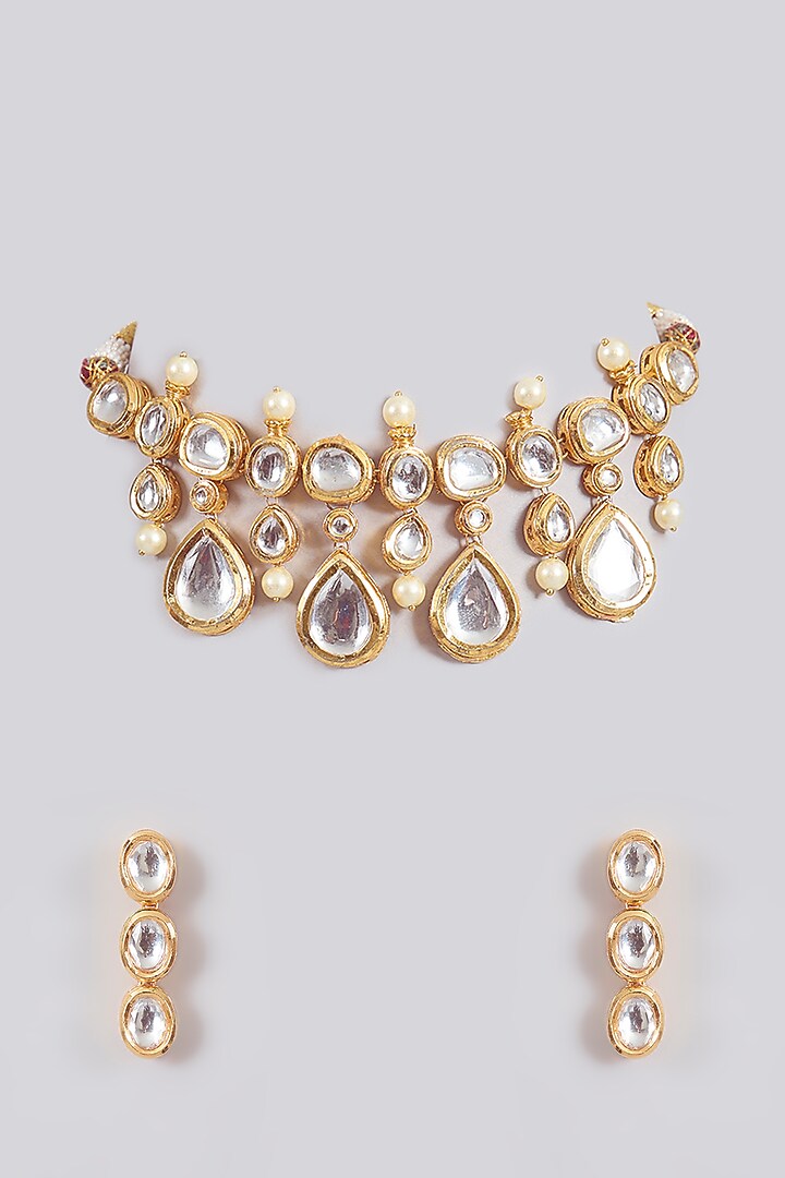Gold Finish Kundan Polki & Crystal Choker Necklace Set by Aura Trends at Pernia's Pop Up Shop