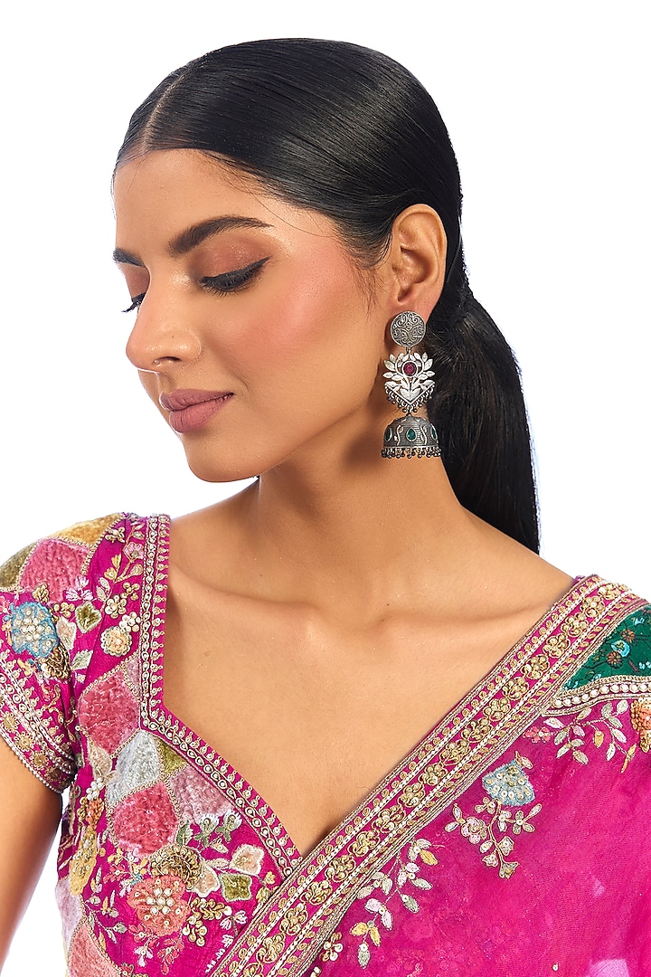 Oxidised Silver Finish Black Beaded Floral Jhumka Earrings by Auraa Trends at Pernia's Pop Up Shop