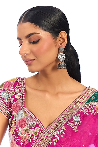 Oxidised Silver Finish Black Beaded Floral Jhumka Earrings by Aura Trends