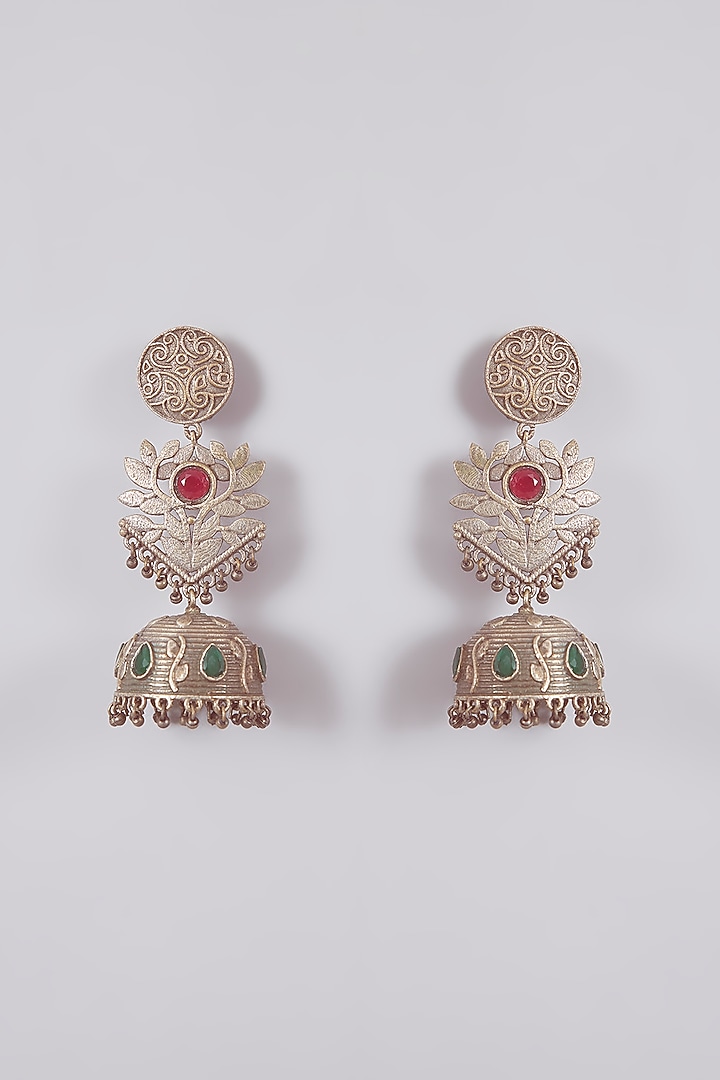 Oxidised Silver Finish Black Beaded Floral Jhumka Earrings by Aura Trends at Pernia's Pop Up Shop