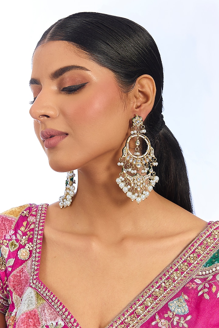 Gold Finish Kundan Polki & Pearl Chandbali Earrings by Aura Trends at Pernia's Pop Up Shop
