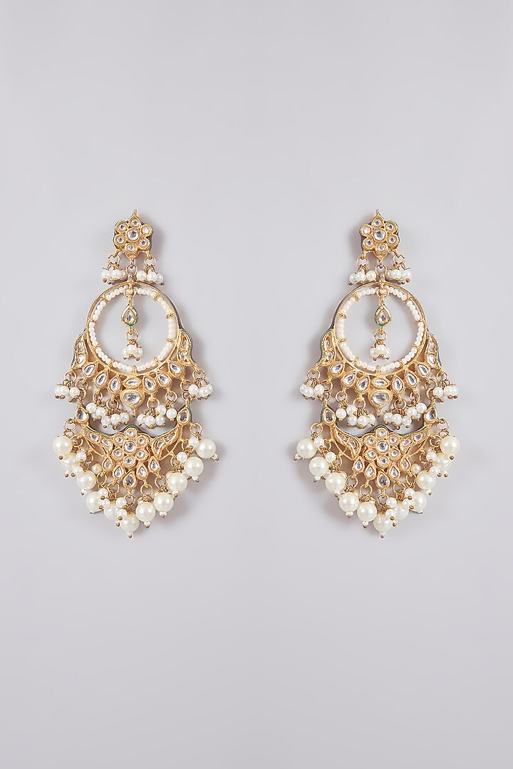 Gold Finish Kundan Polki & Pearl Chandbali Earrings by Aura Trends at Pernia's Pop Up Shop