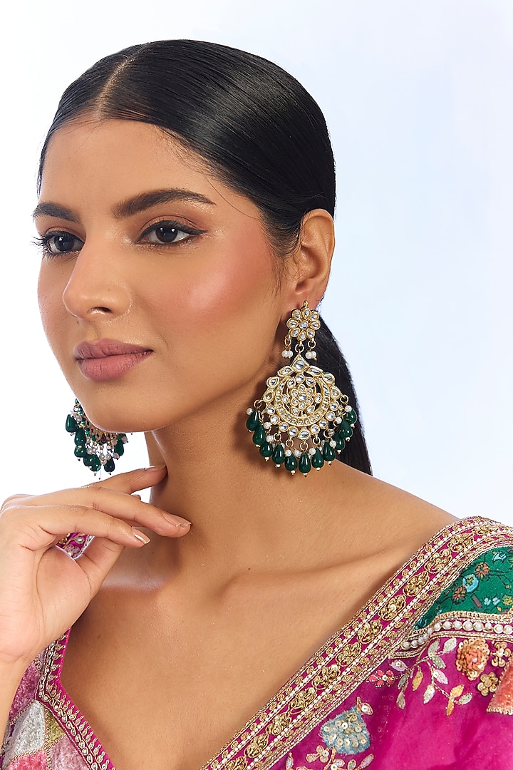 Gold Finish Kundan Polki & Green Beaded Chandbali Earrings by Aura Trends at Pernia's Pop Up Shop