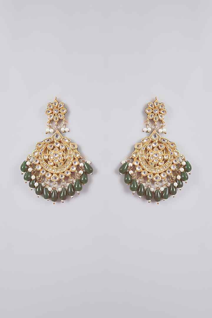 Gold Finish Kundan Polki & Green Beaded Chandbali Earrings by Aura Trends at Pernia's Pop Up Shop