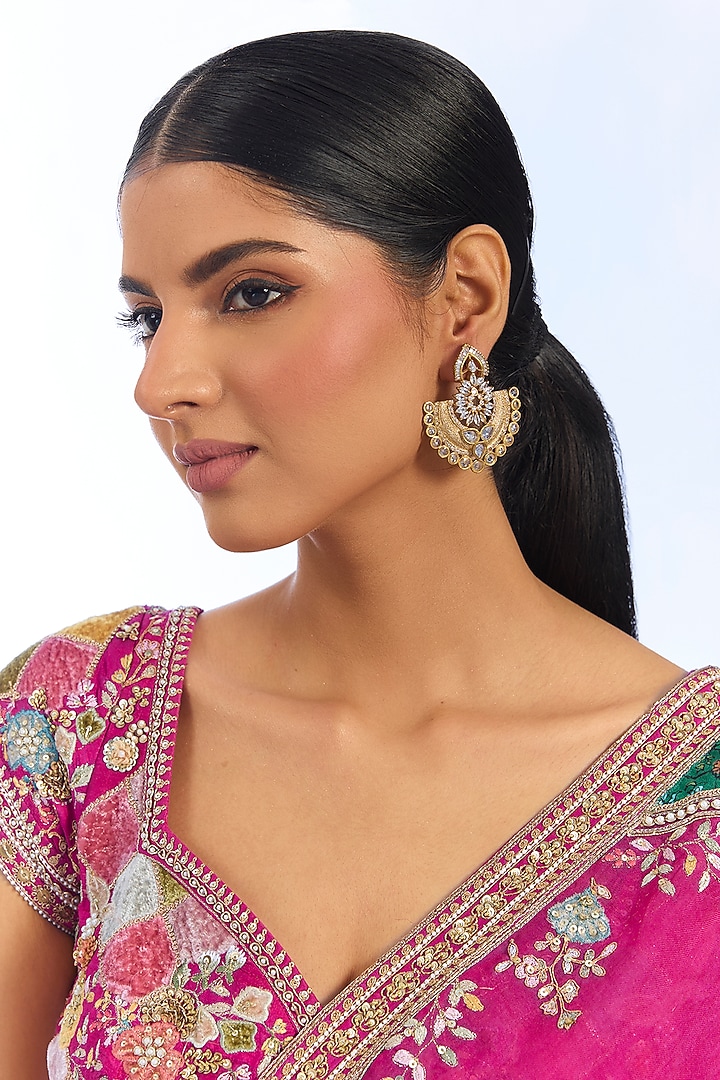 Gold Finish Kundan Polki & Pearl Chandbali Earrings by Auraa Trends at Pernia's Pop Up Shop