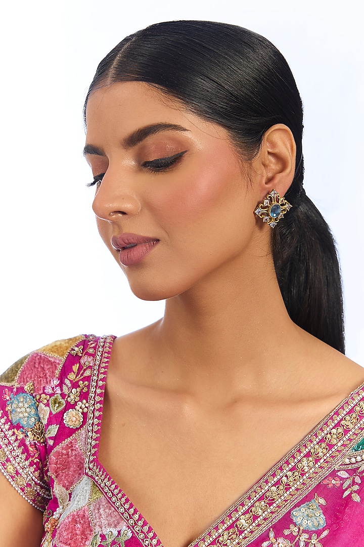 Gold Finish Kundan Polki Floral Stud Earrings by Auraa Trends at Pernia's Pop Up Shop