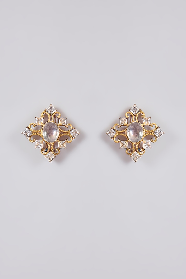Gold Finish Kundan Polki Floral Stud Earrings by Aura Trends at Pernia's Pop Up Shop