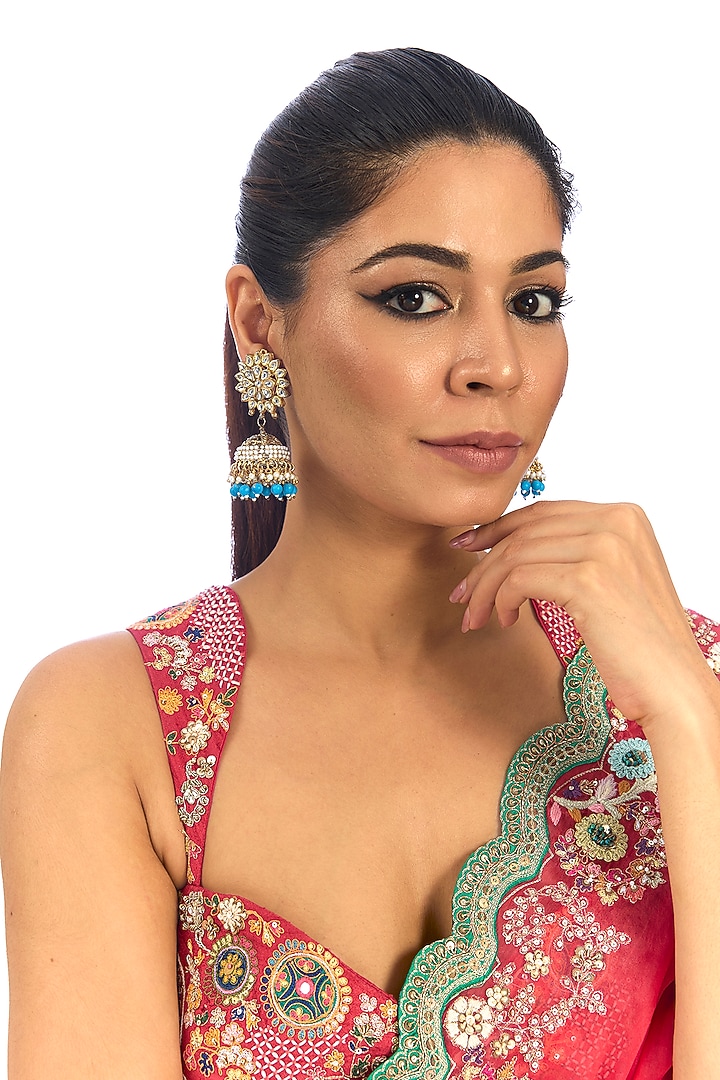 Gold Finish Kundan Polki & Blue Pearl Chandbali Earrings by Aura Trends at Pernia's Pop Up Shop