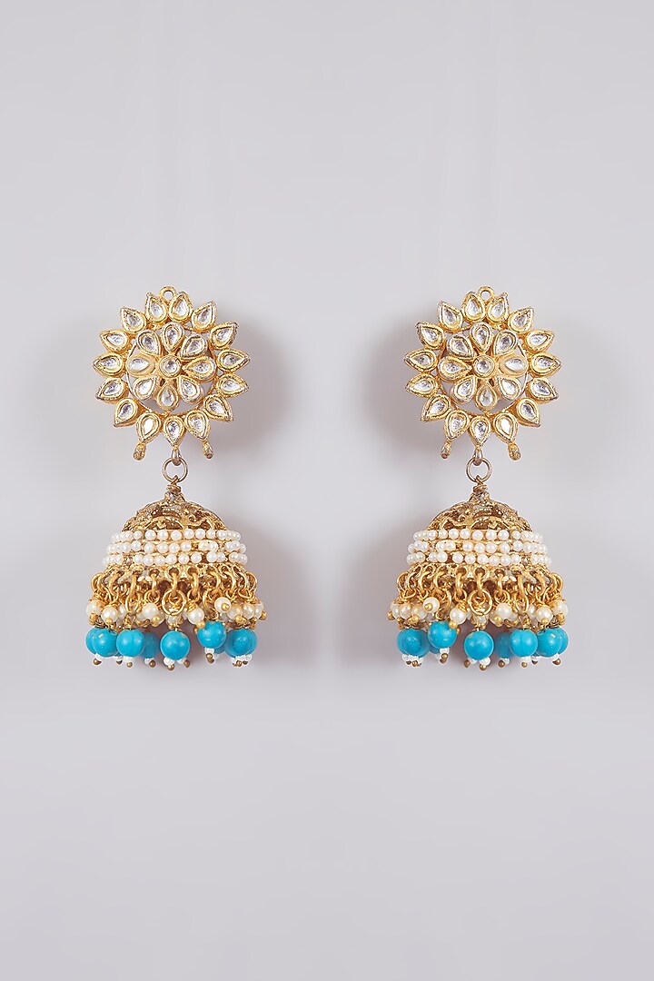 Gold Finish Kundan Polki & Blue Pearl Chandbali Earrings by Aura Trends at Pernia's Pop Up Shop