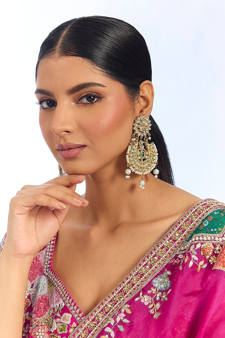 Gold Finish Kundan Polki & Pearl Chandbali Earrings by Auraa Trends at Pernia's Pop Up Shop