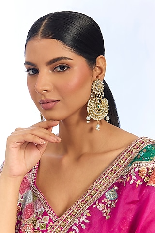 Gold Finish Kundan Polki & Pearl Chandbali Earrings by Aura Trends