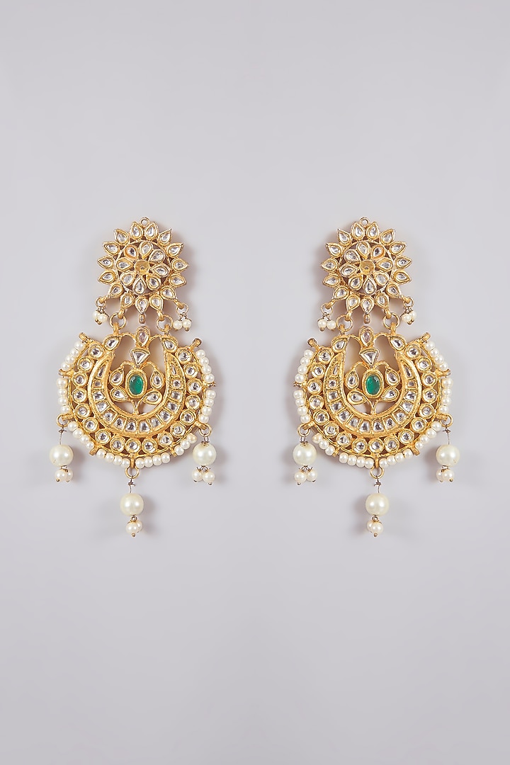 Gold Finish Kundan Polki & Pearl Chandbali Earrings by Aura Trends at Pernia's Pop Up Shop