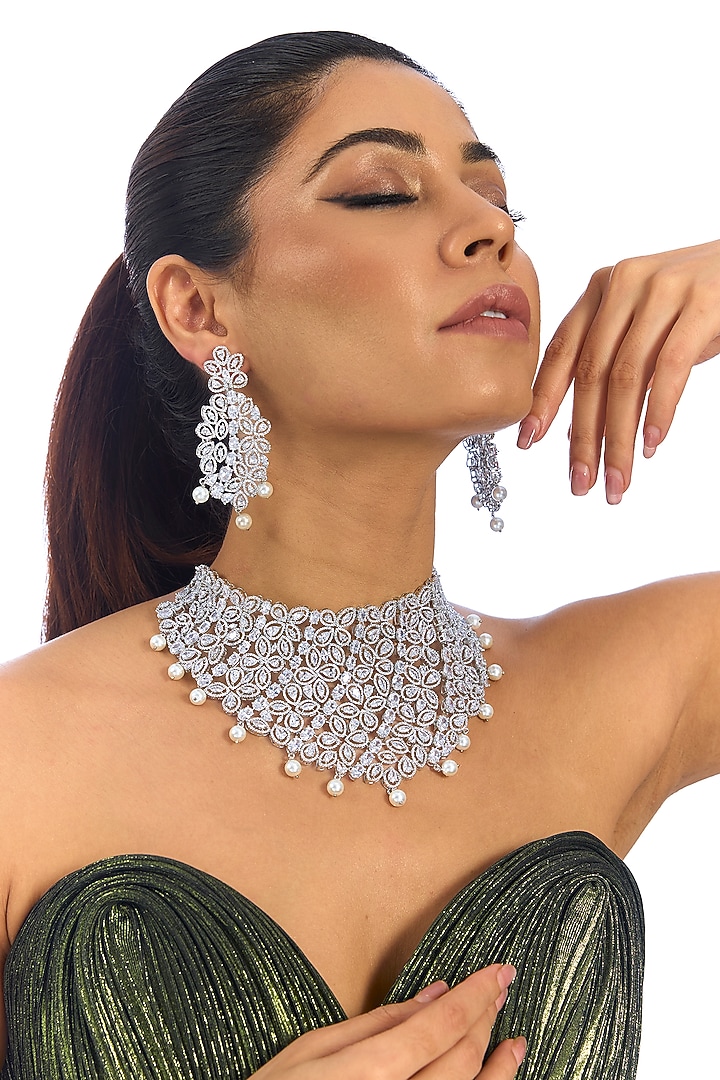 White Finish Crystal Choker Necklace Set by Auraa Trends at Pernia's Pop Up Shop