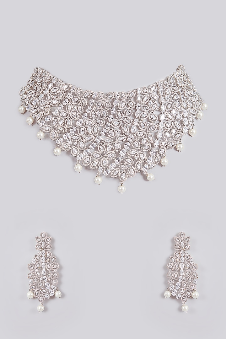White Finish Crystal Choker Necklace Set by Aura Trends at Pernia's Pop Up Shop