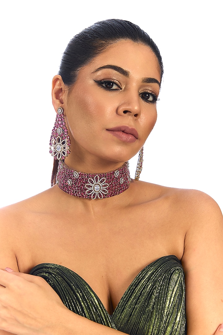 Gold Finish Crystal & Red Stone Choker Necklace Set by Aura Trends at Pernia's Pop Up Shop