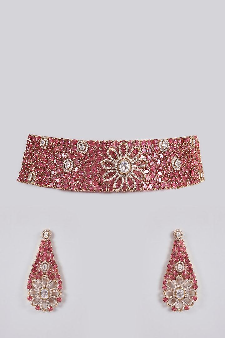 Gold Finish Crystal & Red Stone Choker Necklace Set by Aura Trends at Pernia's Pop Up Shop