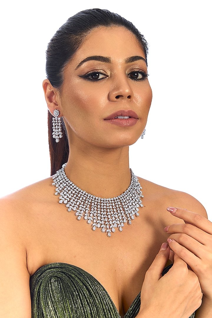 Silver Finish Crystal Necklace Set by Auraa Trends at Pernia's Pop Up Shop
