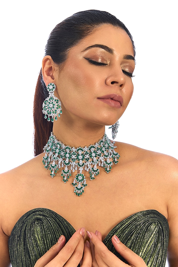 White Finish Crystal & Green Stone Necklace Set by Aura Trends at Pernia's Pop Up Shop