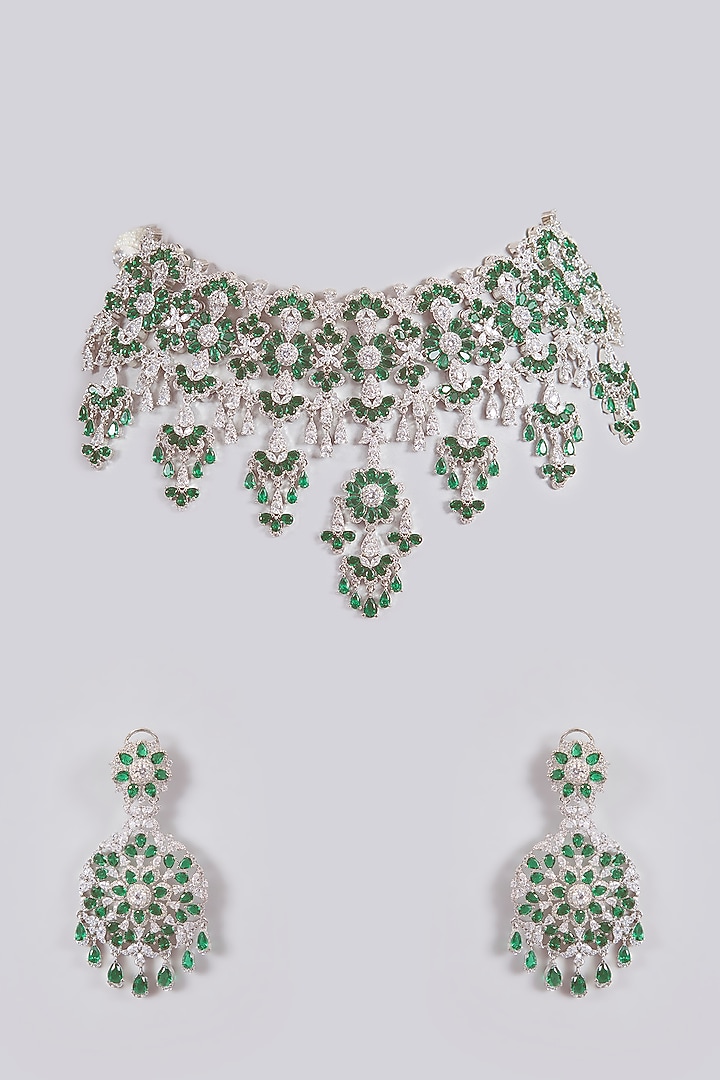 White Finish Crystal & Green Stone Necklace Set by Aura Trends at Pernia's Pop Up Shop