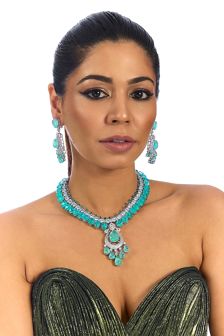 White Finish Crystal & Turquoise Stone Necklace Set by Aura Trends at Pernia's Pop Up Shop