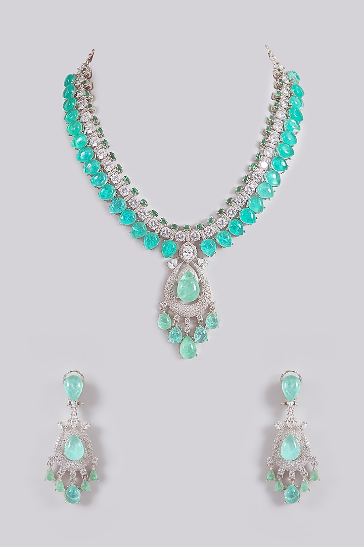 White Finish Crystal & Turquoise Stone Necklace Set by Aura Trends at Pernia's Pop Up Shop