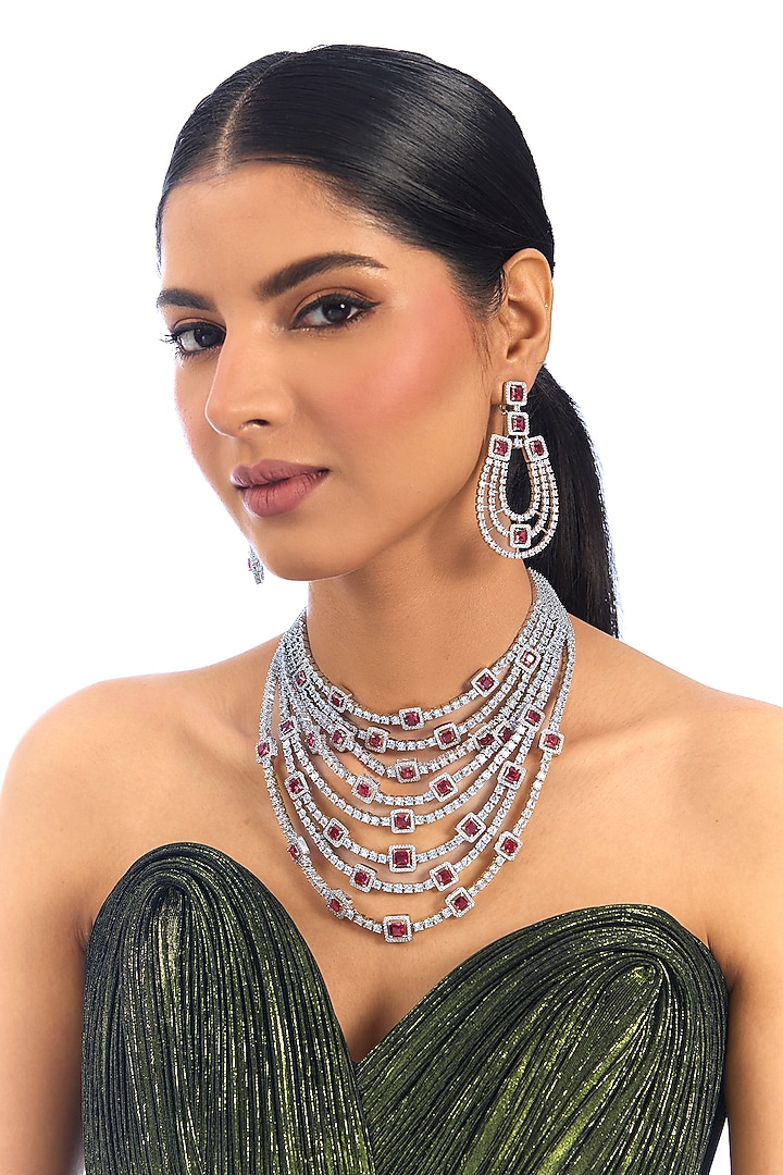 Silver Finish Cubic Zirconia & Ruby Stone layered Necklace Set by Auraa Trends at Pernia's Pop Up Shop