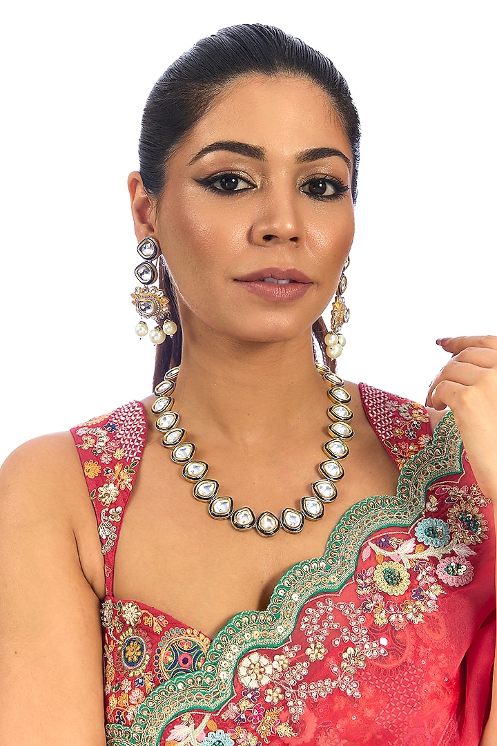 Gold Finish Kundan Polki Long Necklace Set by Aura Trends at Pernia's Pop Up Shop