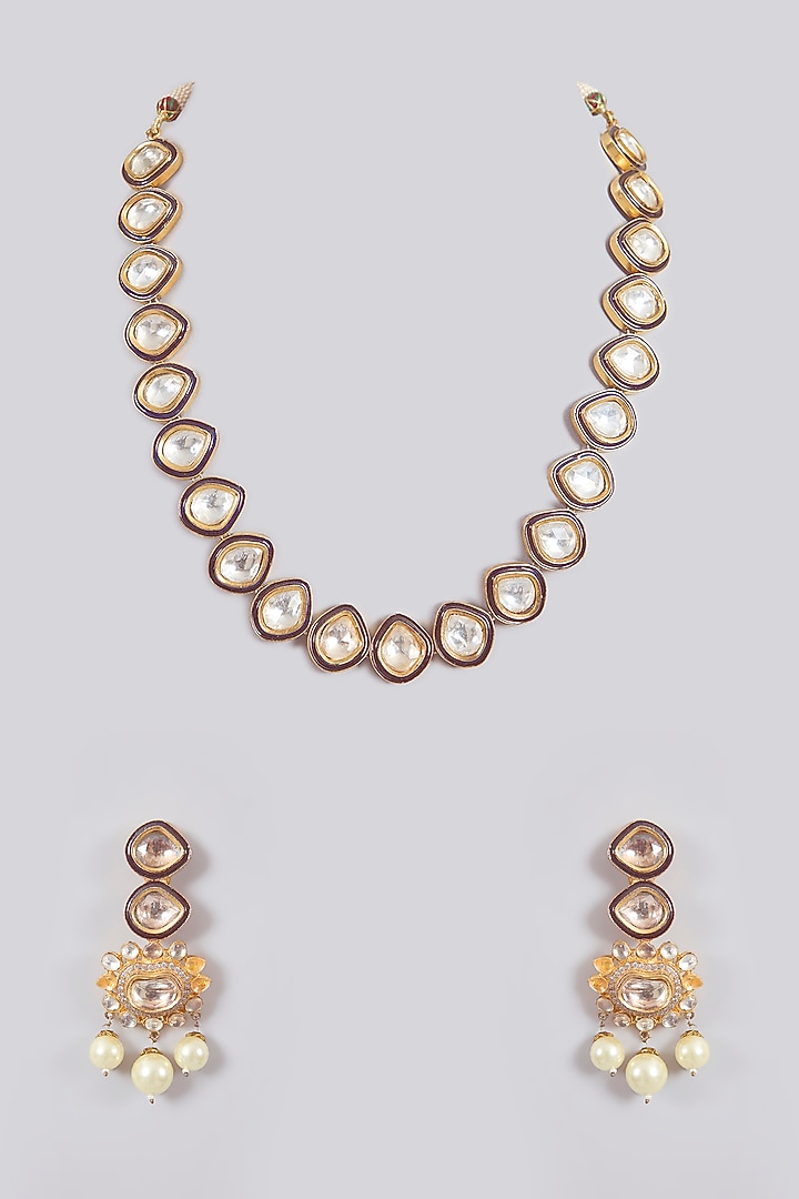 Gold Finish Kundan Polki Long Necklace Set by Aura Trends at Pernia's Pop Up Shop