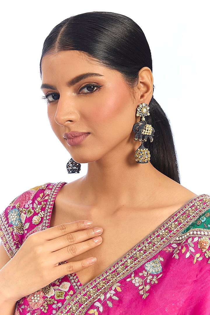 Antique Gold Finish Kundan Polki & Multi-Colored Stone Jhumka Earrings by Aura Trends at Pernia's Pop Up Shop