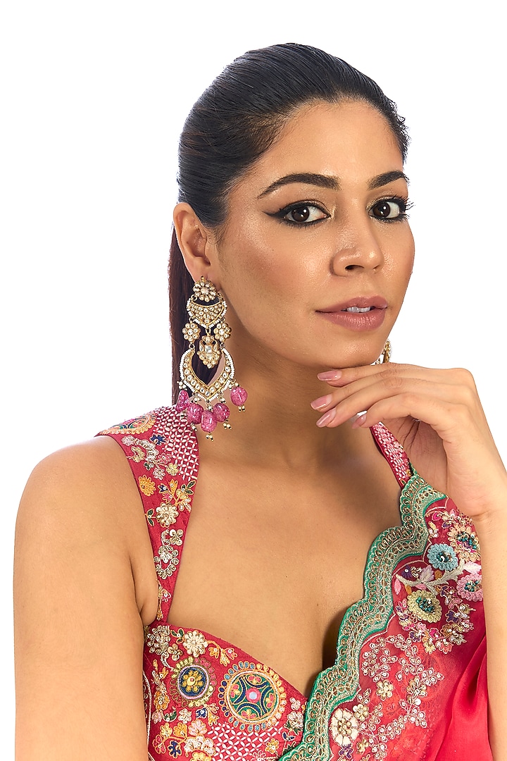 Silver Finish Kundan Polki & Pink Beads Chandbali Earrings by Auraa Trends at Pernia's Pop Up Shop
