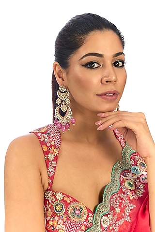 Silver Finish Kundan Polki & Pink Beads Chandbali Earrings by Aura Trends