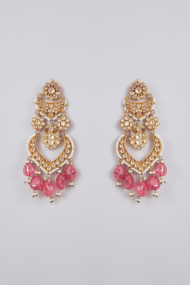Silver Finish Kundan Polki & Pink Beads Chandbali Earrings by Aura Trends at Pernia's Pop Up Shop