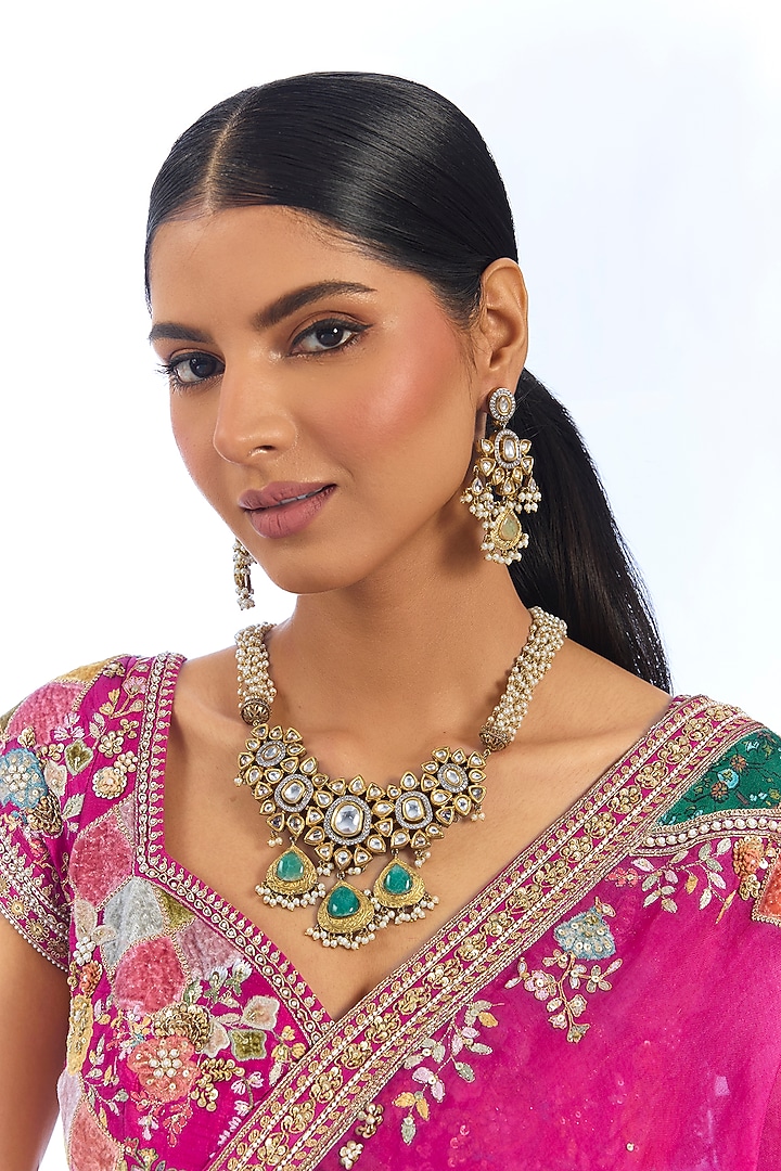 Gold Finish Kundan Polki & Green Stone Necklace Set by Aura Trends at Pernia's Pop Up Shop