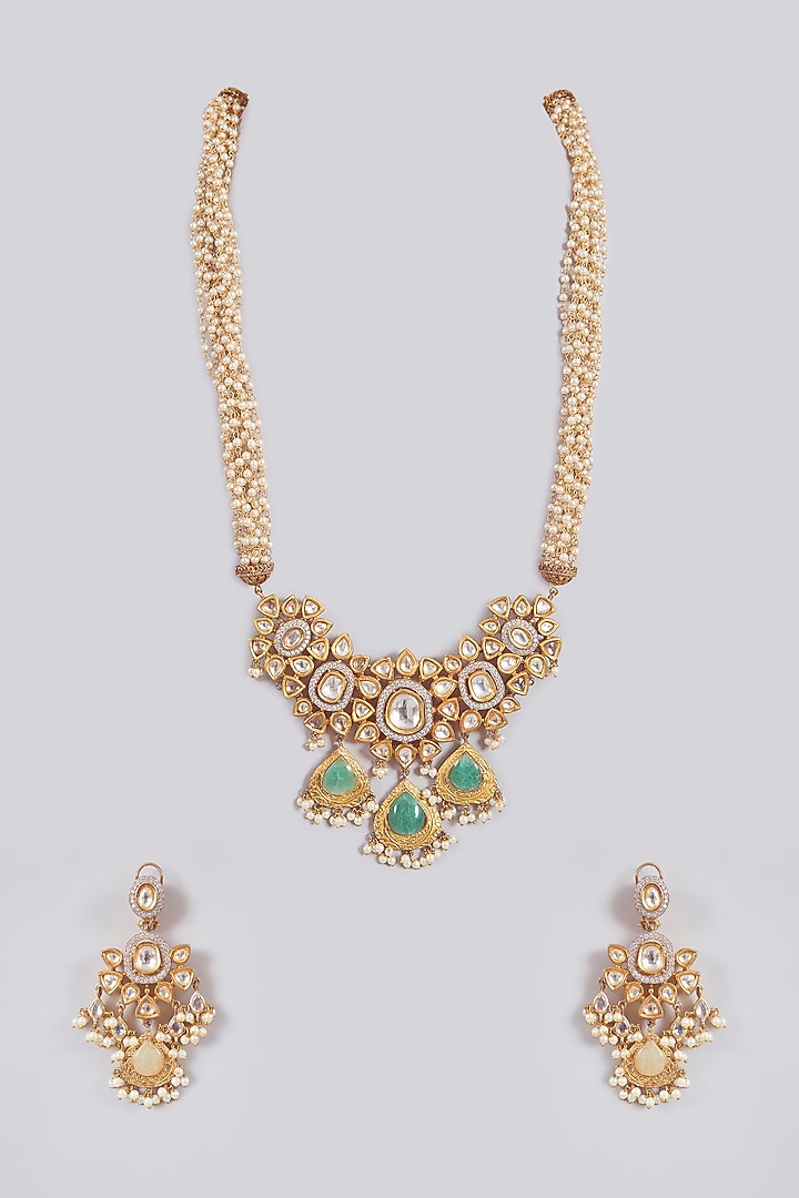 Gold Finish Kundan Polki & Green Stone Necklace Set by Aura Trends at Pernia's Pop Up Shop