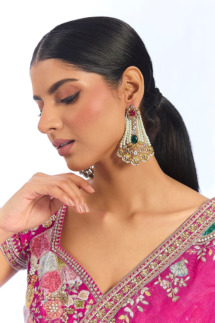 Gold Finish Kundan Polki & Green Beaded Chandelier Earrings by Auraa Trends at Pernia's Pop Up Shop