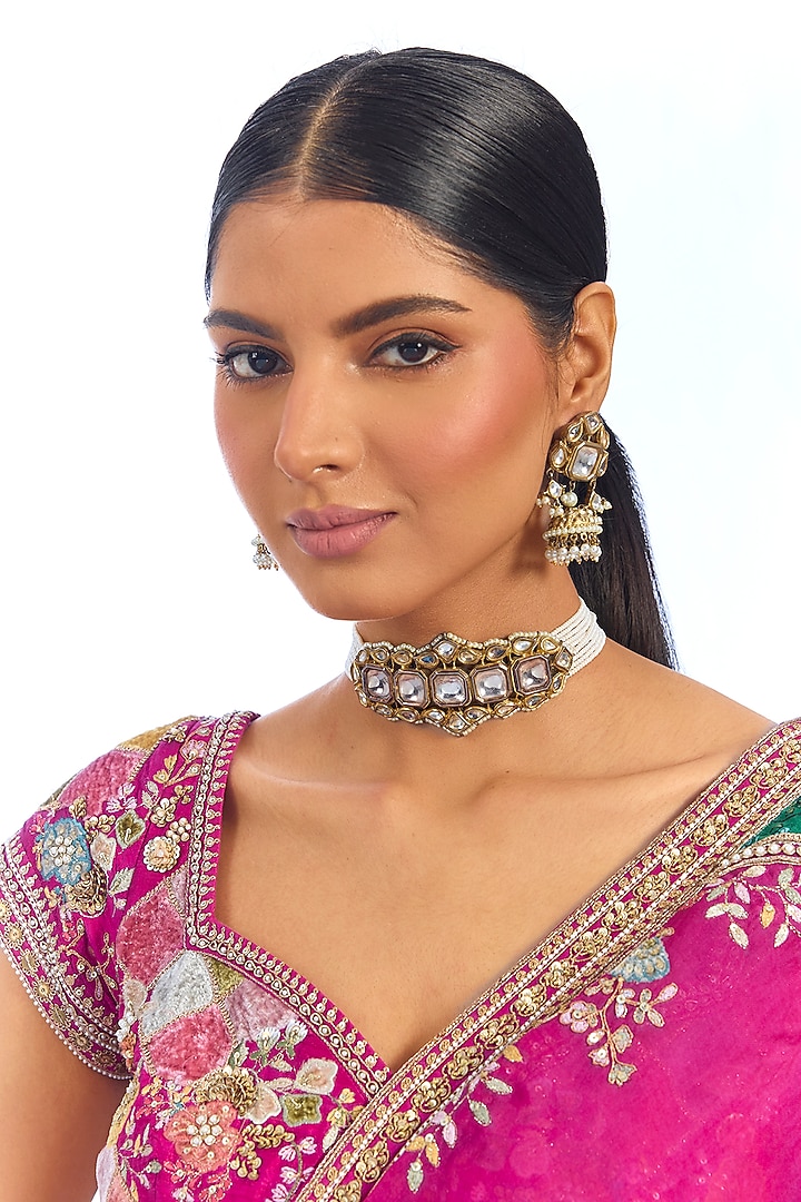 Gold Finish Kundan Polki & Mirror Choker Necklace Set by Aura Trends at Pernia's Pop Up Shop